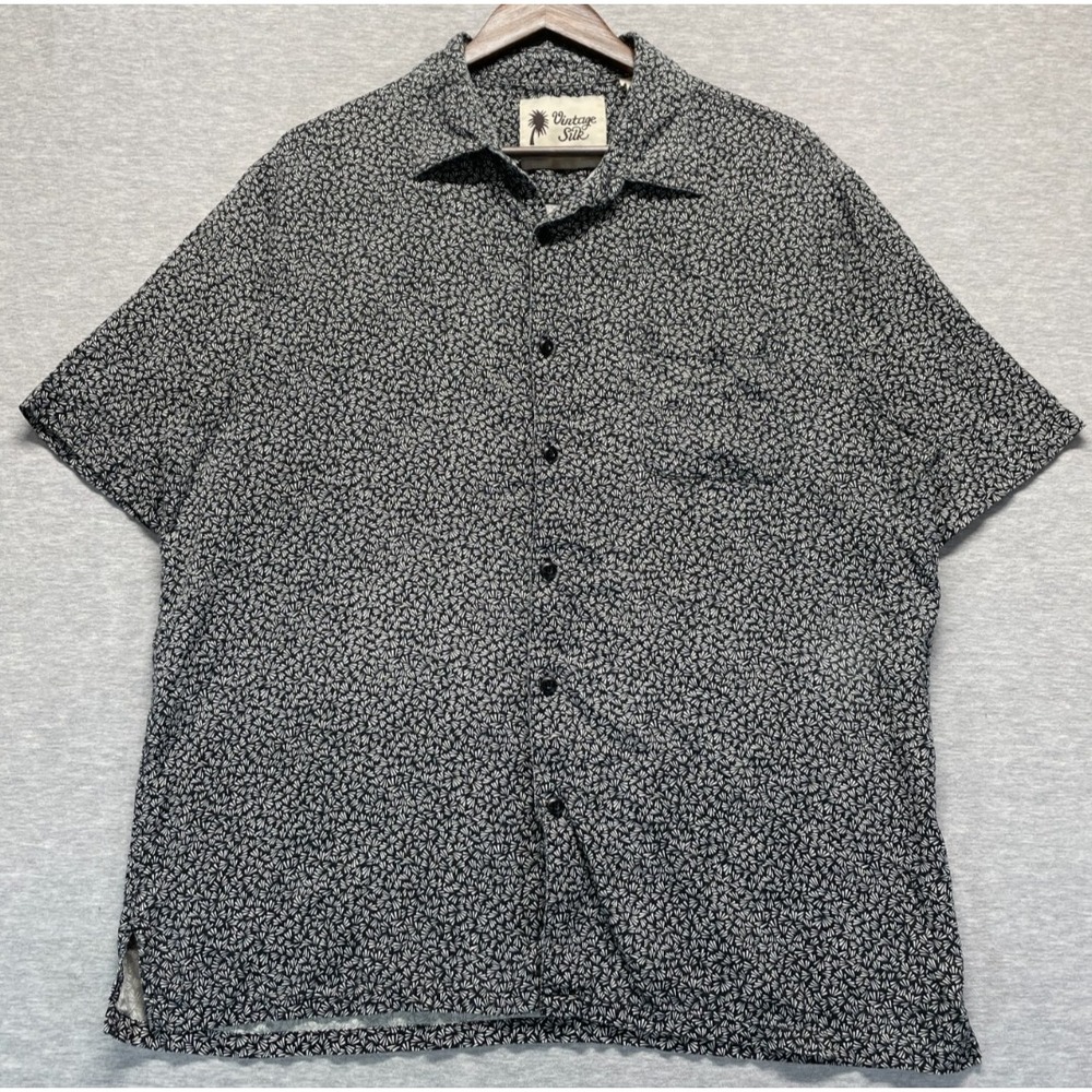 Vintage Silk Shirt Mens 2XL Black Geometric Print Side Slit Collared Button Up